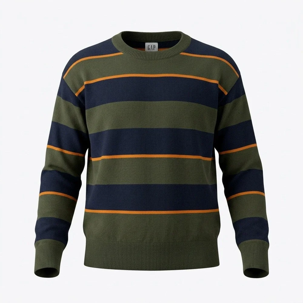 Gap Kids Striped Crewneck Sweater Olive Green Navy Blue Orange Size L 10-11